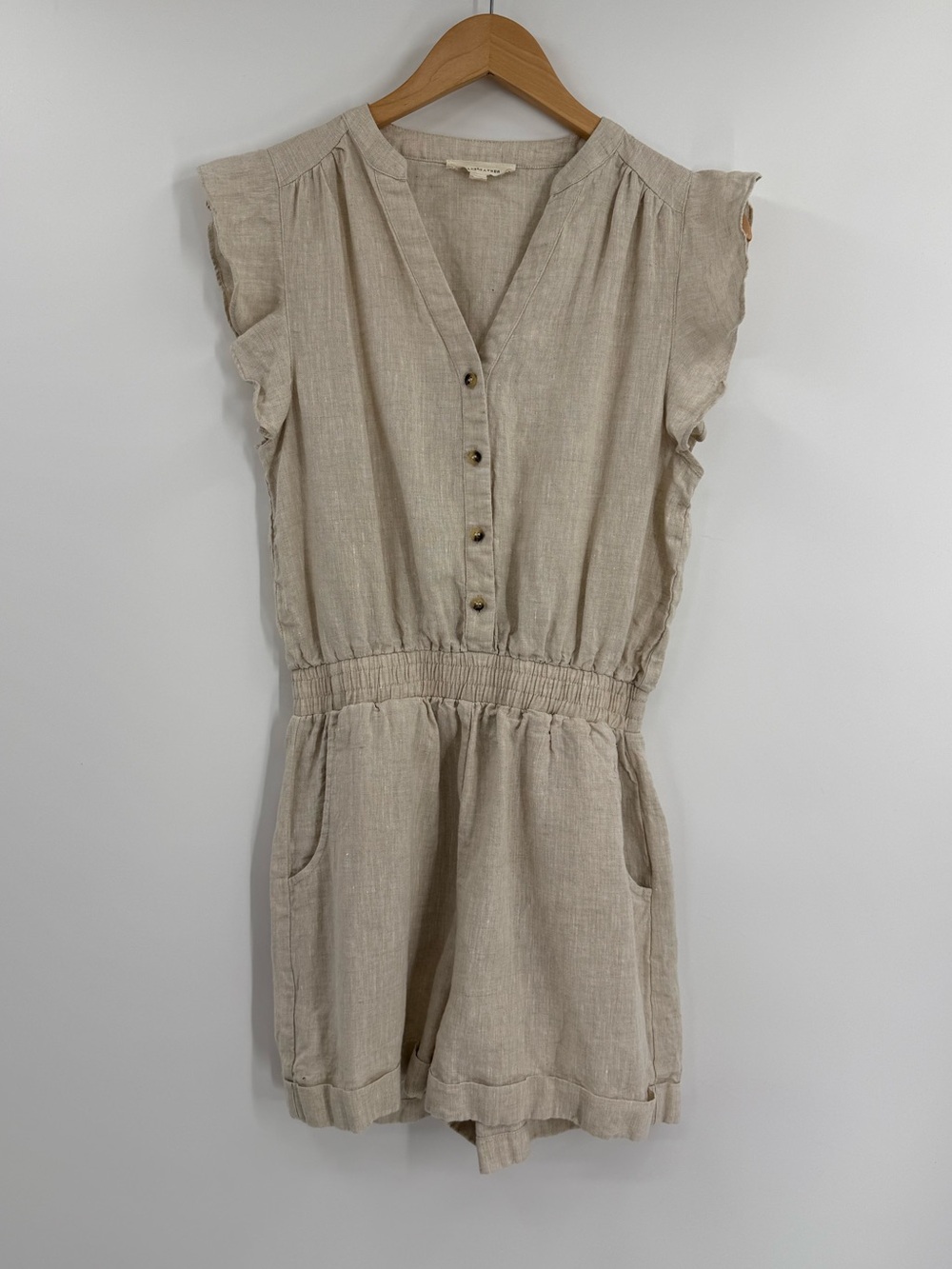 Grade & Gather Linen Ruffle Sleeve Button Front Romper | Natural | Medium